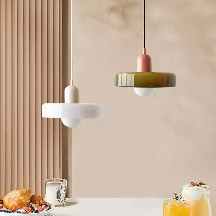 Geometric multi-color glass pendant, Bauhaus style ceiling light fixture.