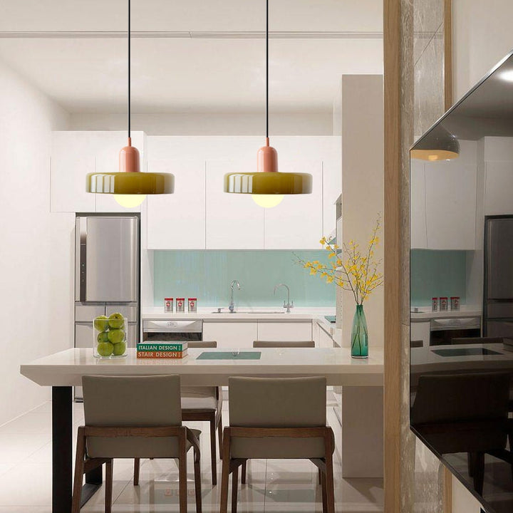 Stylish colorful glass pendant lamp, contemporary ceiling fixture for home decor.