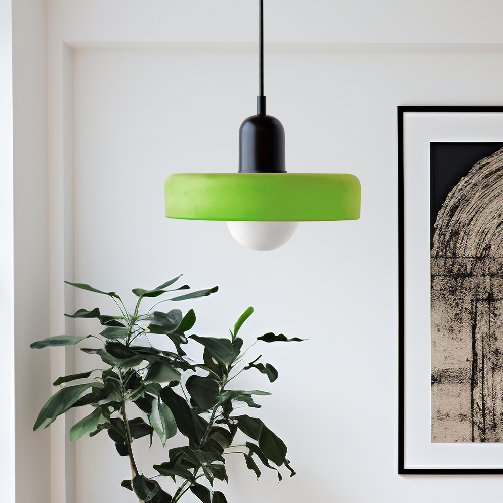 Geometric colorful glass pendant, modern Bauhaus ceiling light for decor.