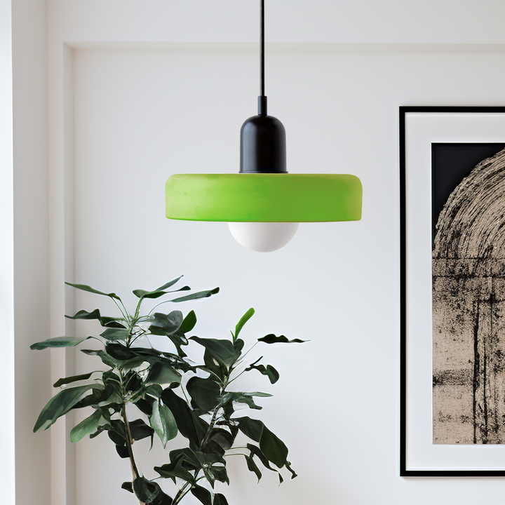 Geometric colorful glass pendant, modern Bauhaus ceiling light for decor.