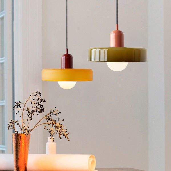 Modern Bauhaus glass pendant, artistic ceiling light with vibrant colors.