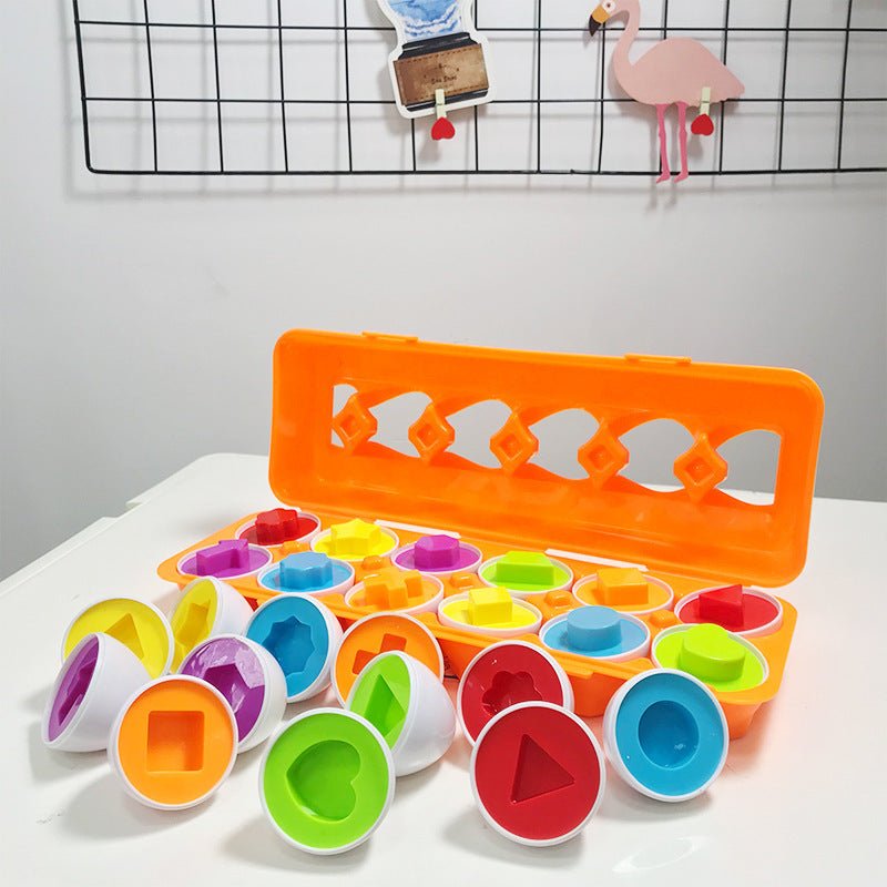 Brightly colored eggs with various shapes for kids' learning fun & fine motor skill practice.