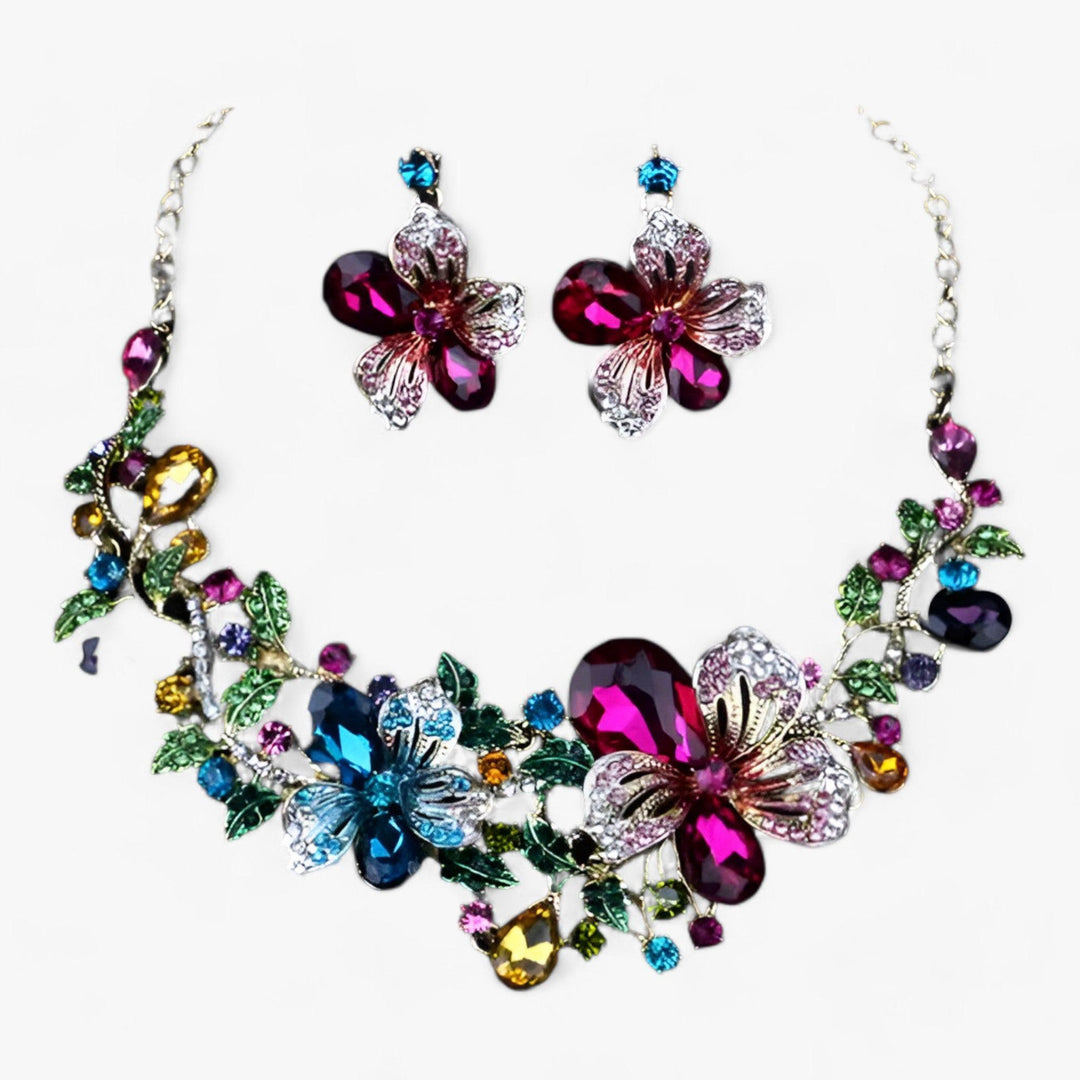 Colorful enamel flower bridal jewelry set for women, featuring a unique necklace and matching earrings.