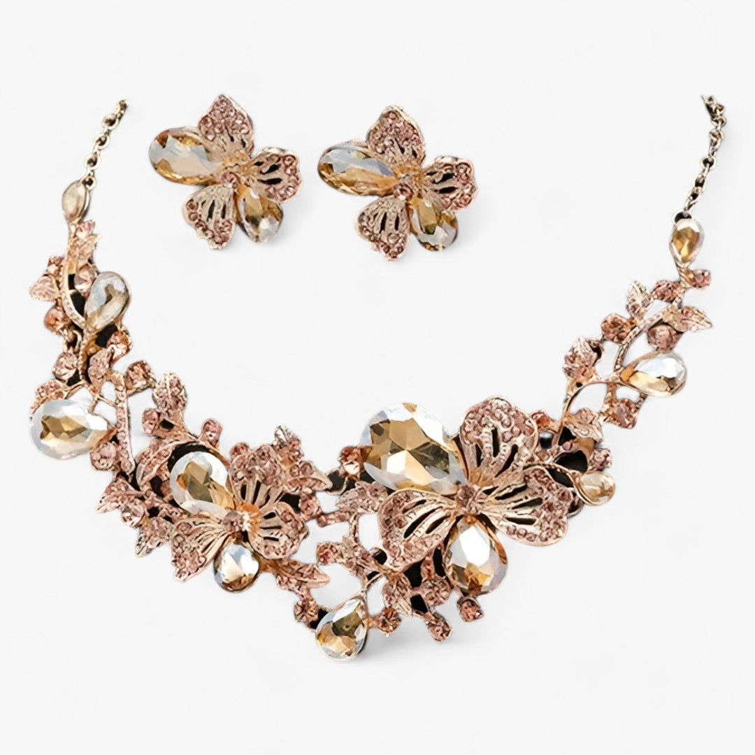 Vibrant floral wedding jewelry set with colorful enamel flowers, ideal for a bride's special day.