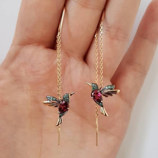 Colorful hummingbird enamel dangle earrings with sparkling zirconia, women's unique fashion jewelry.