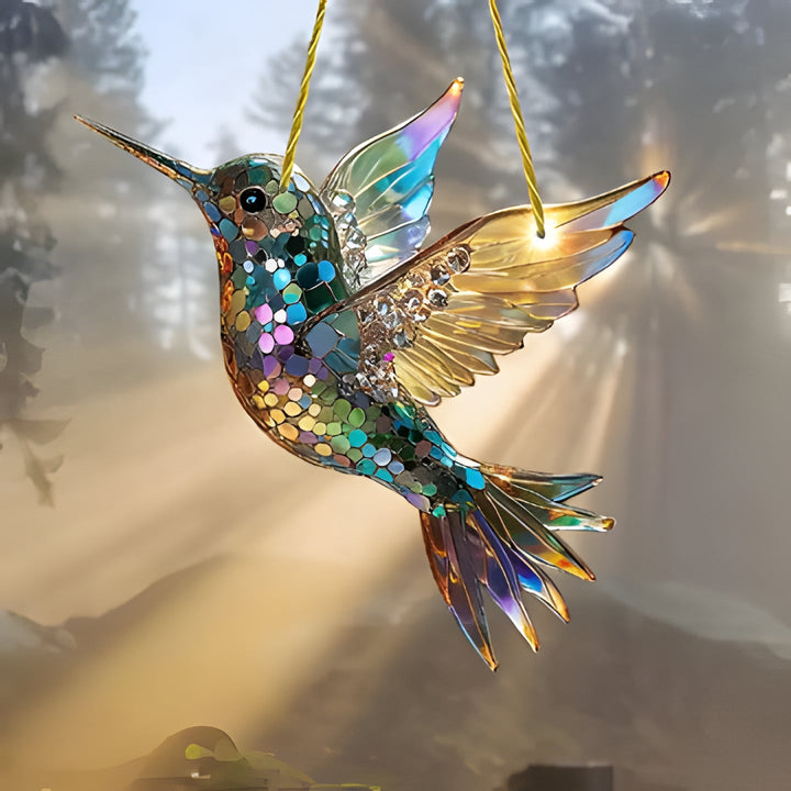 Colorful hummingbird suncatcher in stained glass style, perfect window decor for nature lovers.