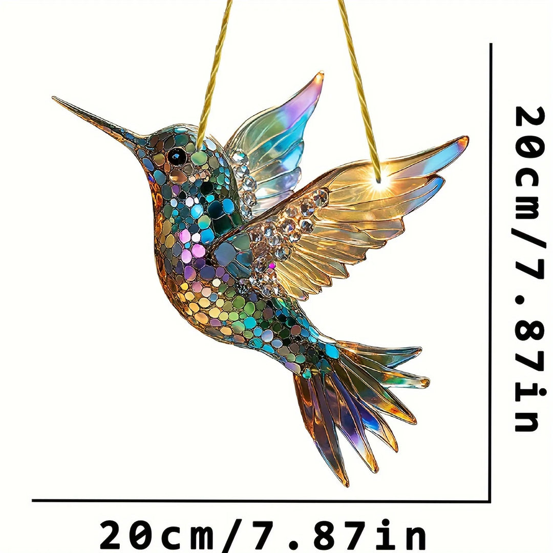 Acrylic stained glass style bird suncatcher, a colorful hummingbird window hanging home accent.