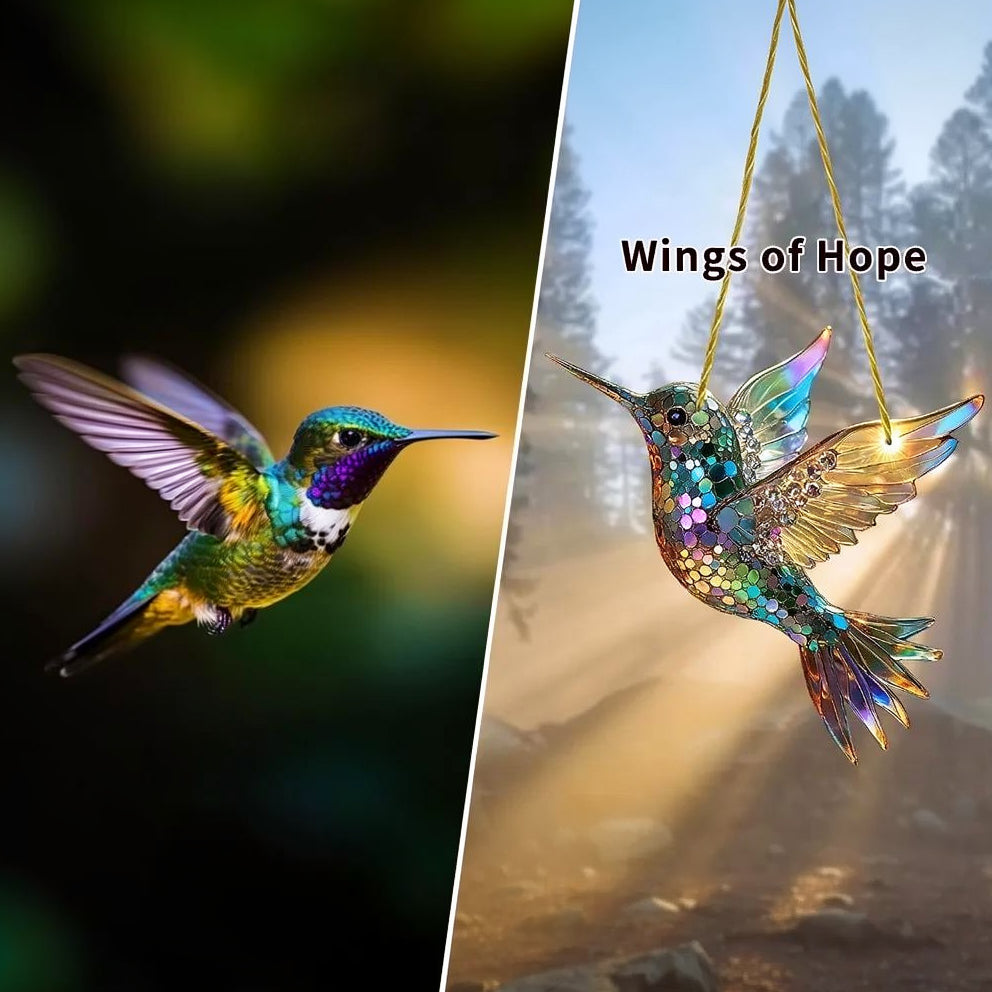 Bright hummingbird suncatcher, nature-inspired stained glass style bird art for window decor.