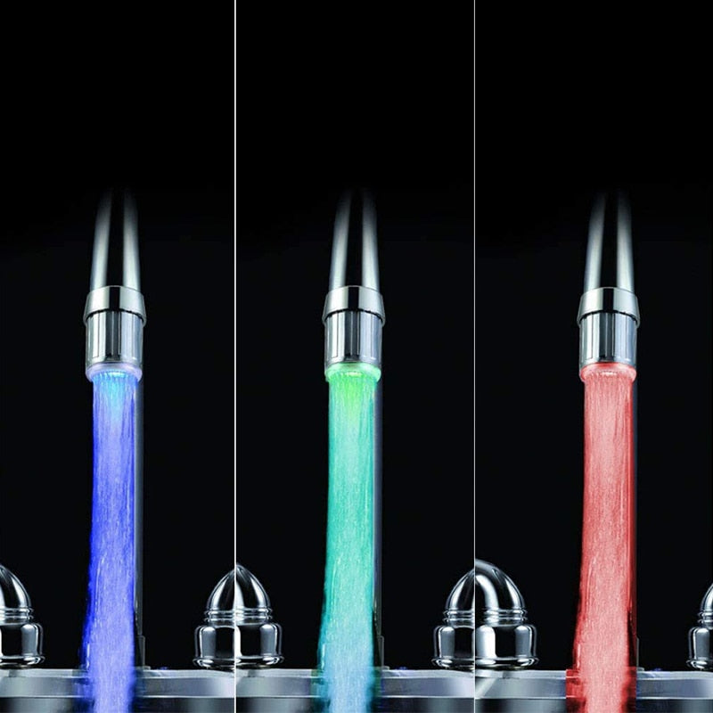 Close-up of AquaGlow LED tap light, showing bright colorful water flow, home improvement