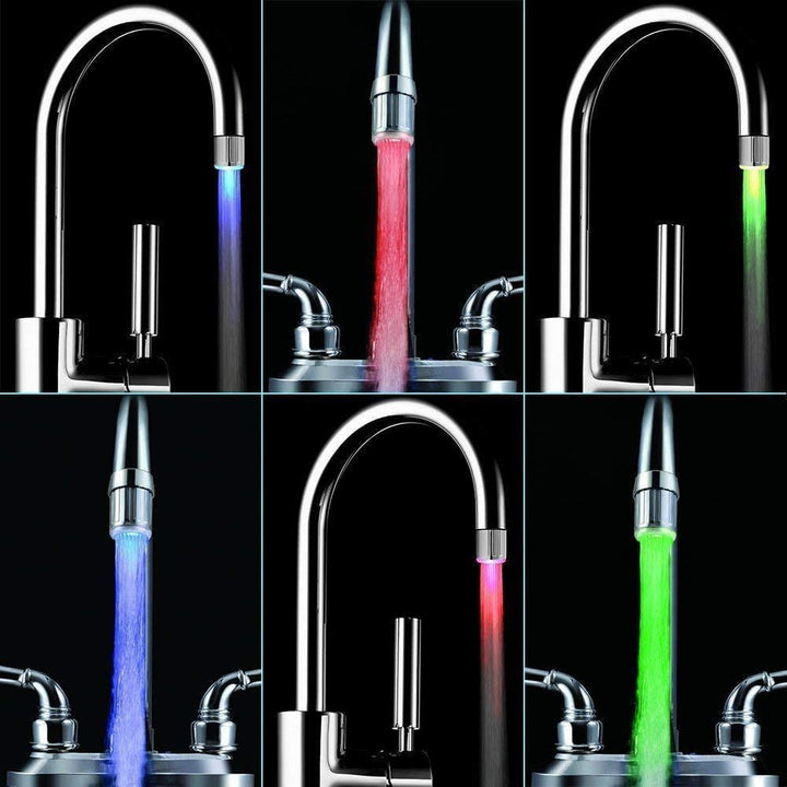 Kitchen sink with attached colorful LED water faucet light, AquaGlow, enhancing water stream