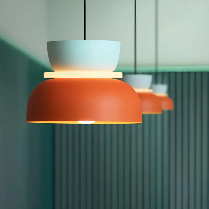 Colorful macaron LED pendant light, modern and versatile for various home interior styles.