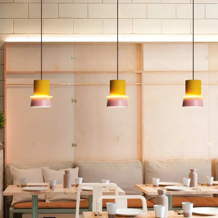 Visually striking colorful macaron LED pendant light, modern home decor statement piece.