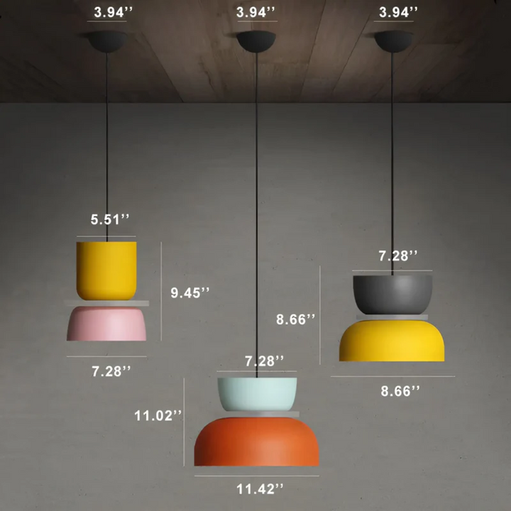 Stylish macaron LED pendant light, colorful, energy-efficient and modern interior lighting.