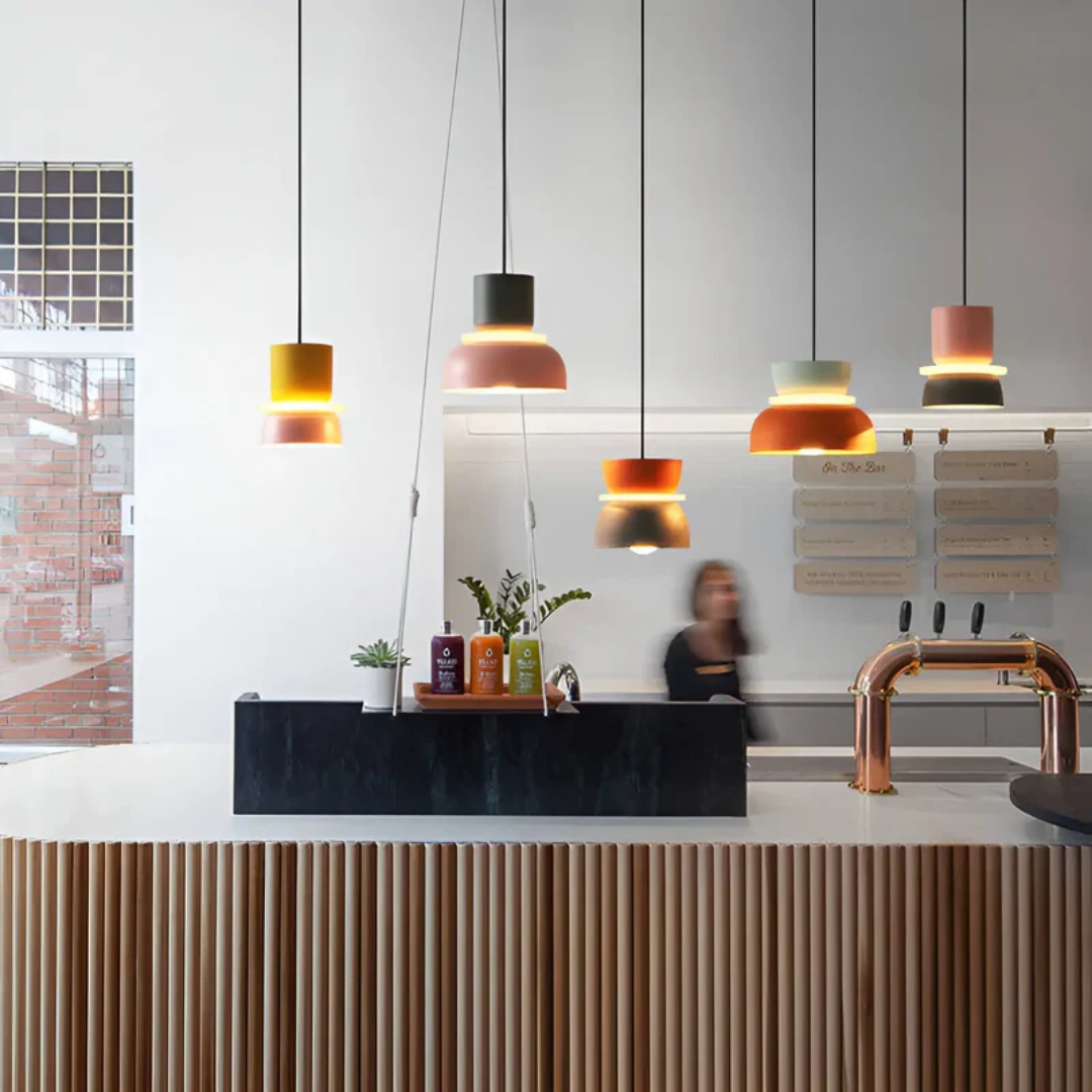Add a vibrant touch with this colorful macaron LED pendant light, modern ceiling fixture.