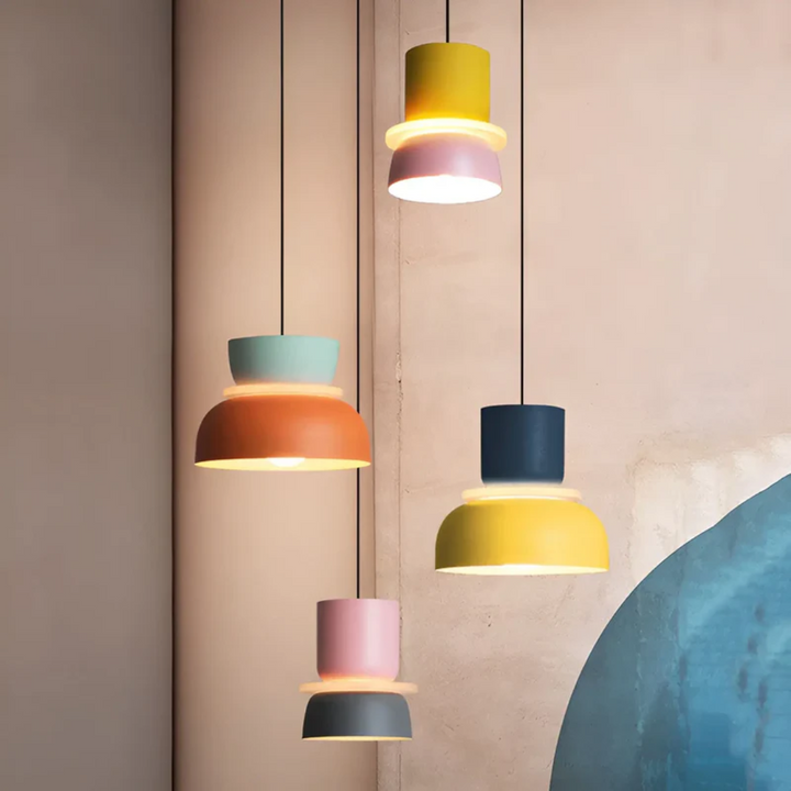 Contemporary colorful macaron LED pendant light, a stylish and energy-efficient home fixture.