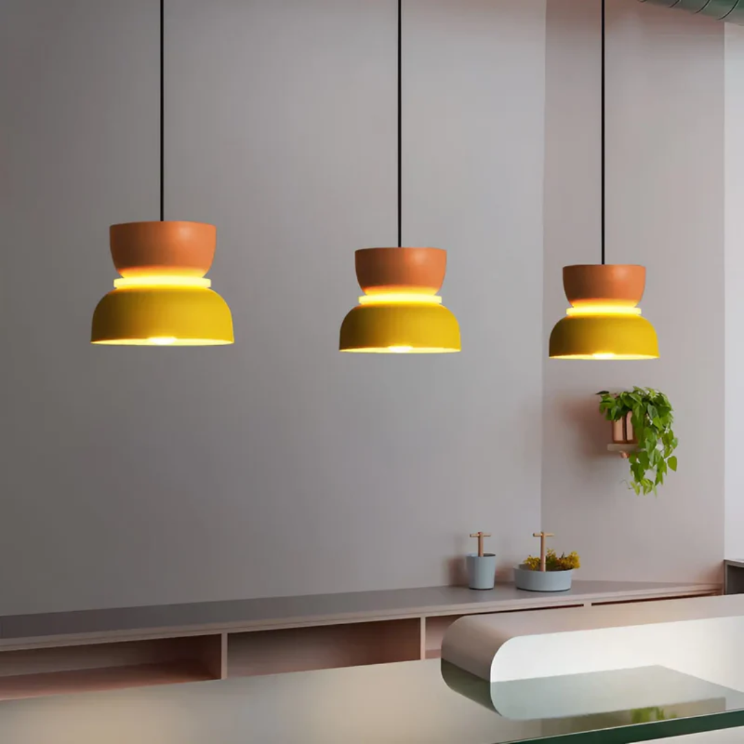 Playful colorful macaron LED pendant light, modern ceiling lamp for a trendy interior.