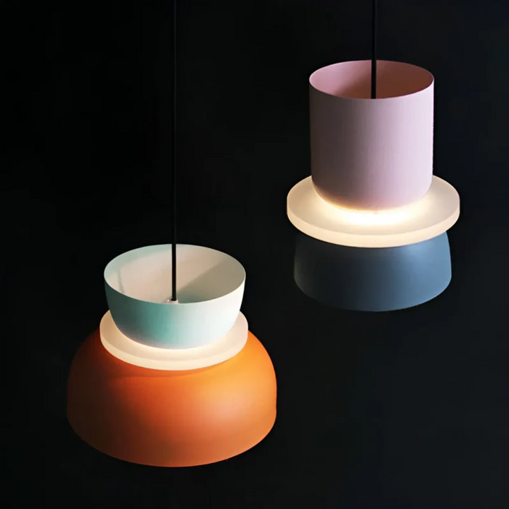 Energy-efficient LED pendant lamp, colorful macaron style for modern interior lighting.