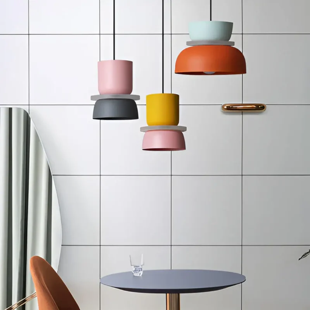Unique macaron style LED pendant light, adding a colorful, modern touch to any interior.