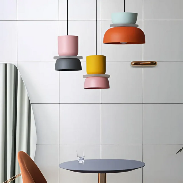 Unique macaron style LED pendant light, adding a colorful, modern touch to any interior.
