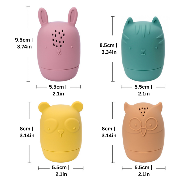 Set of floating, mold-free silicone bath toys, perfect for baby and toddler fun during bath time. Squeeze & squirt animals.