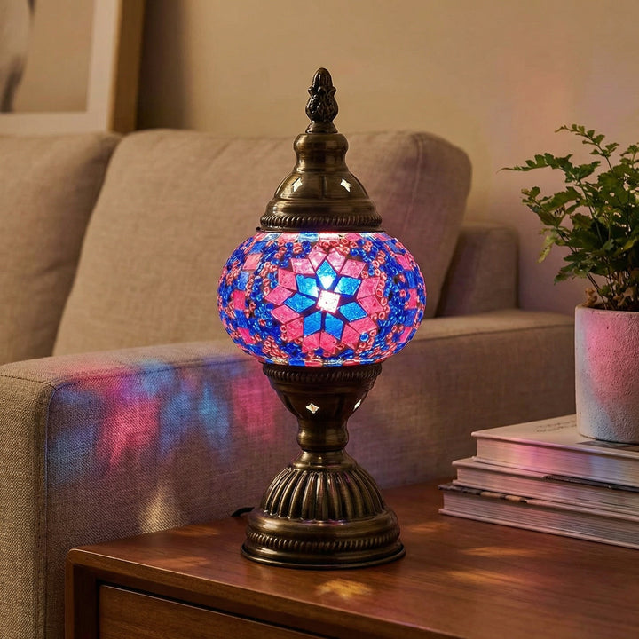 Colorful Mosaic Art Glass Table Lamp, glowing, handcrafted decor, mood lighting