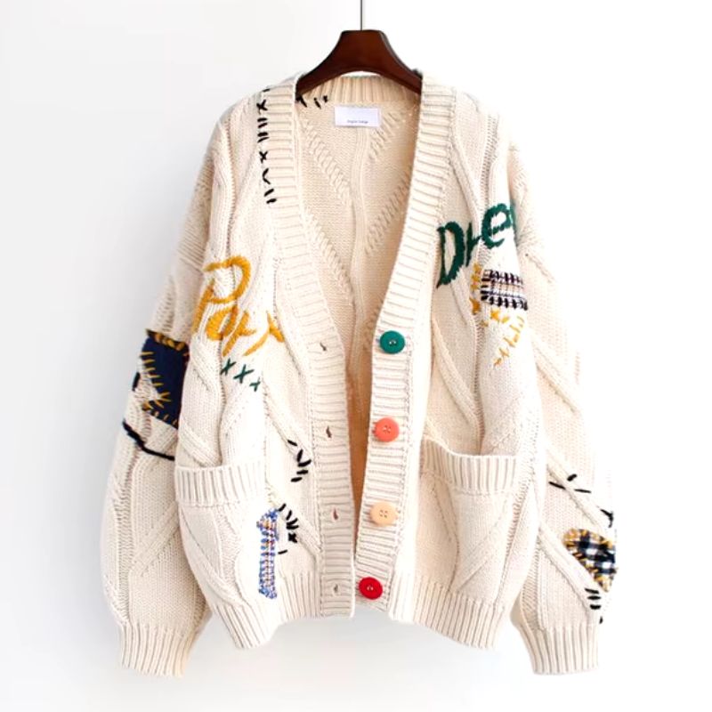 Colorful Patcha women's cardigan with unique patterns, perfect for stylish fall & winter layering. Expressive cozy outerwear.