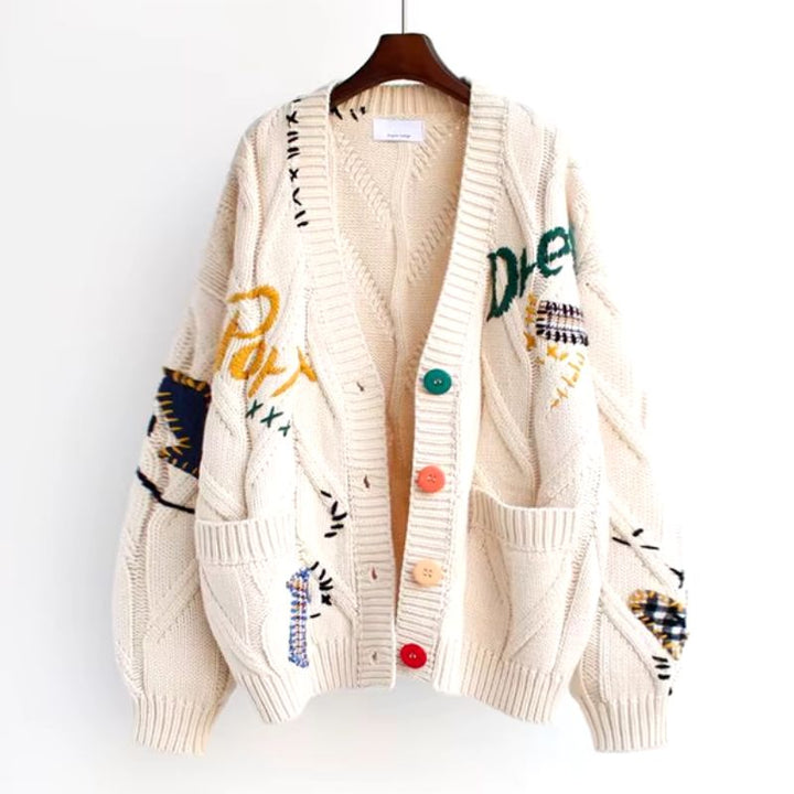 Colorful Patcha women's cardigan with unique patterns, perfect for stylish fall & winter layering. Expressive cozy outerwear.