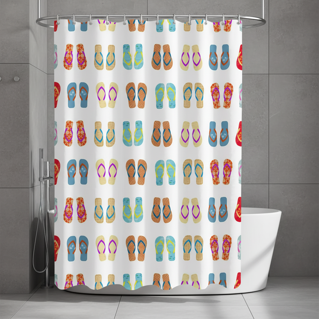Colorful polyester shower curtain with vibrant flip-flop pattern, perfect for summer bathroom decor