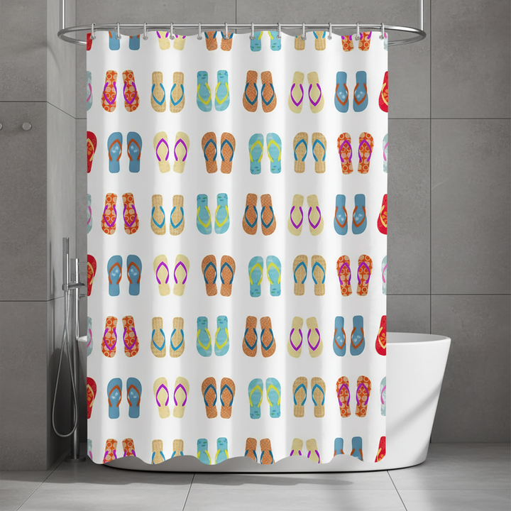 Colorful polyester shower curtain with vibrant flip-flop pattern, perfect for summer bathroom decor