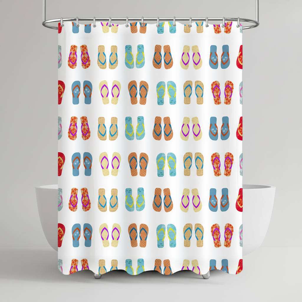 Waterproof shower curtain featuring a fun and colorful flip-flop design for a bright bathroom
