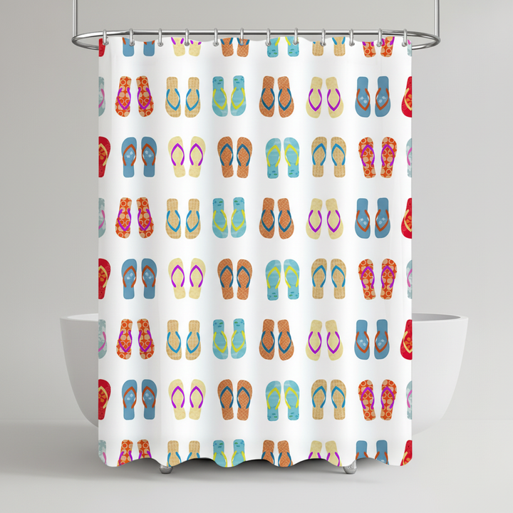 Waterproof shower curtain featuring a fun and colorful flip-flop design for a bright bathroom