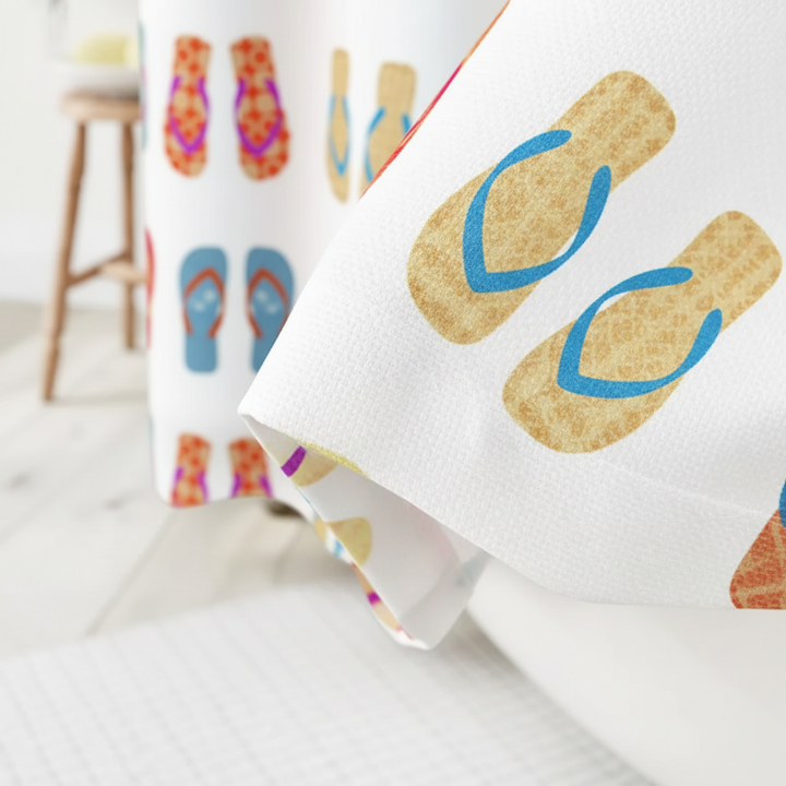 Easy care hygienic shower curtain, 'FlipFrost', with a multi-colored flip-flop print