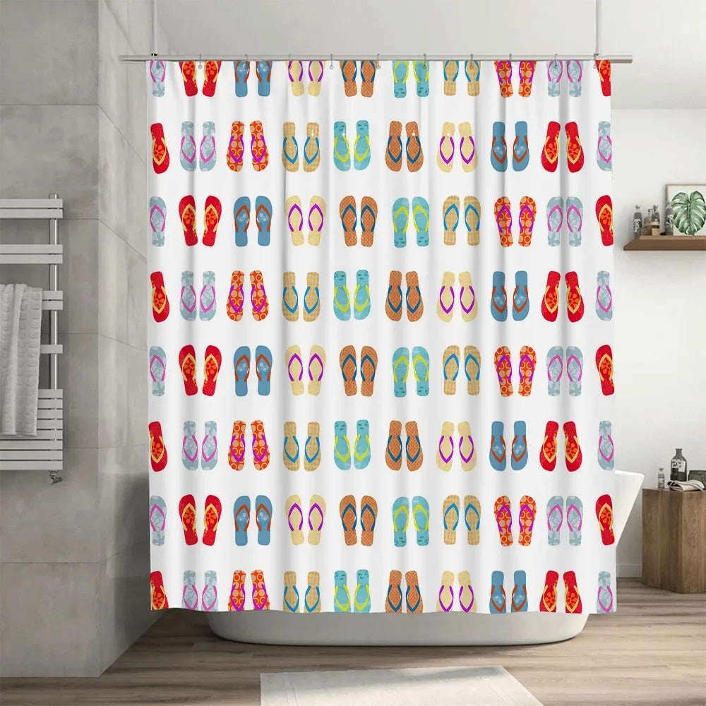 Bathroom decor: 'FlipFrost' shower curtain, colorful flip-flops on a light background, 100% polyester