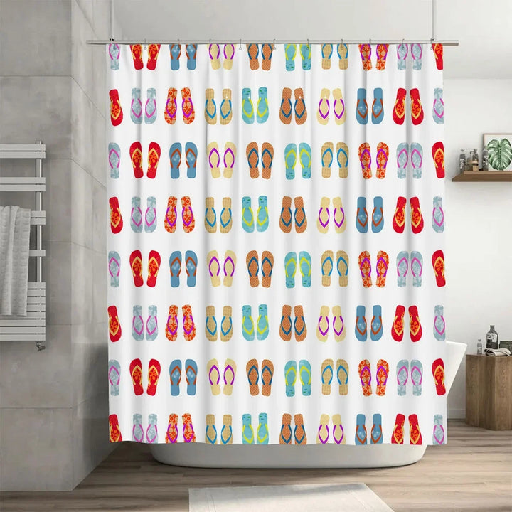 Bathroom decor: 'FlipFrost' shower curtain, colorful flip-flops on a light background, 100% polyester
