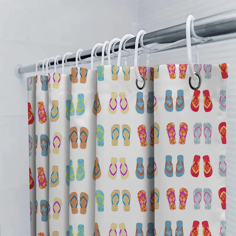 Vibrant summer home goods: 'FlipFrost' shower curtain with a unique, colorful flip-flop pattern