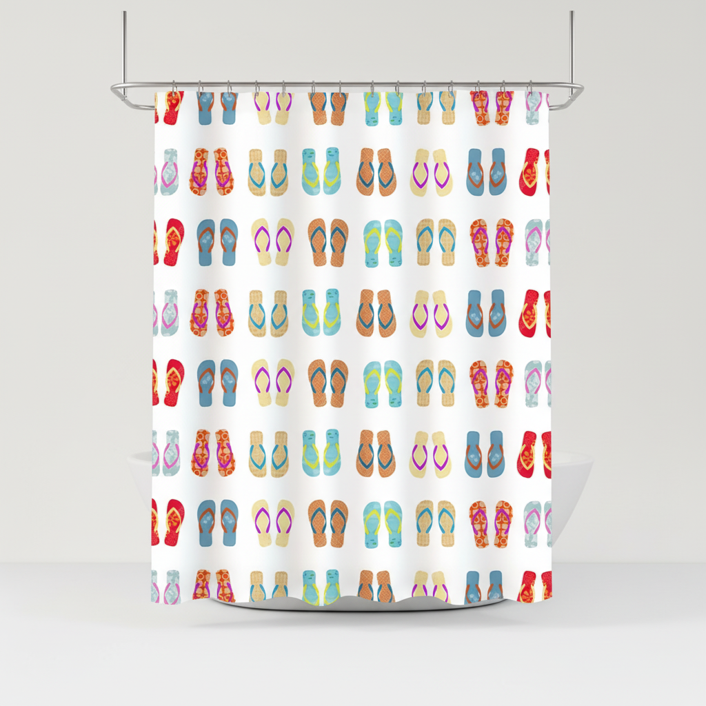 Durable and waterproof 'FlipFrost' shower curtain, colorful flip-flop print for a cheerful bathroom