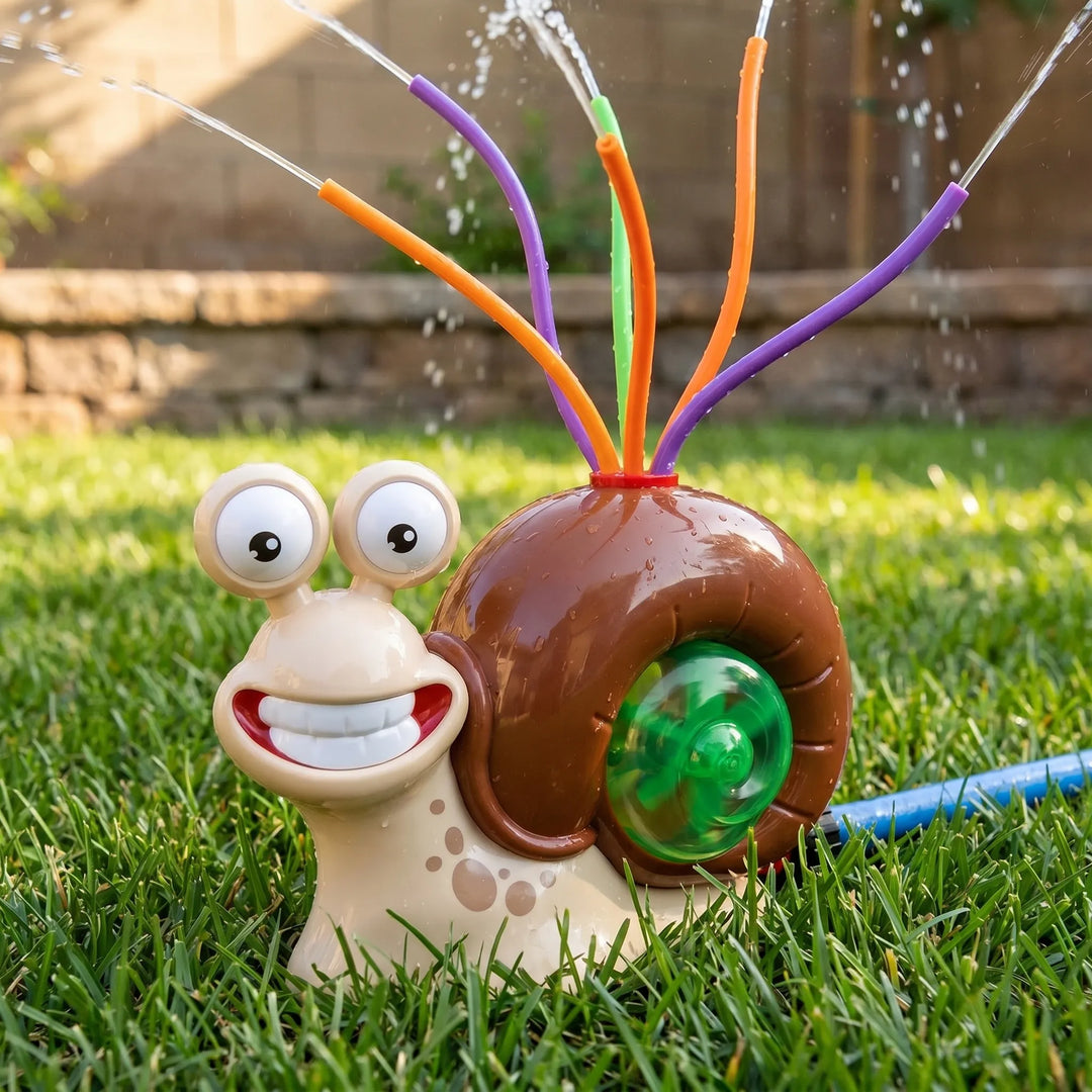 Colorful snail water sprinkler for kids' outdoor summer fun and water activities.