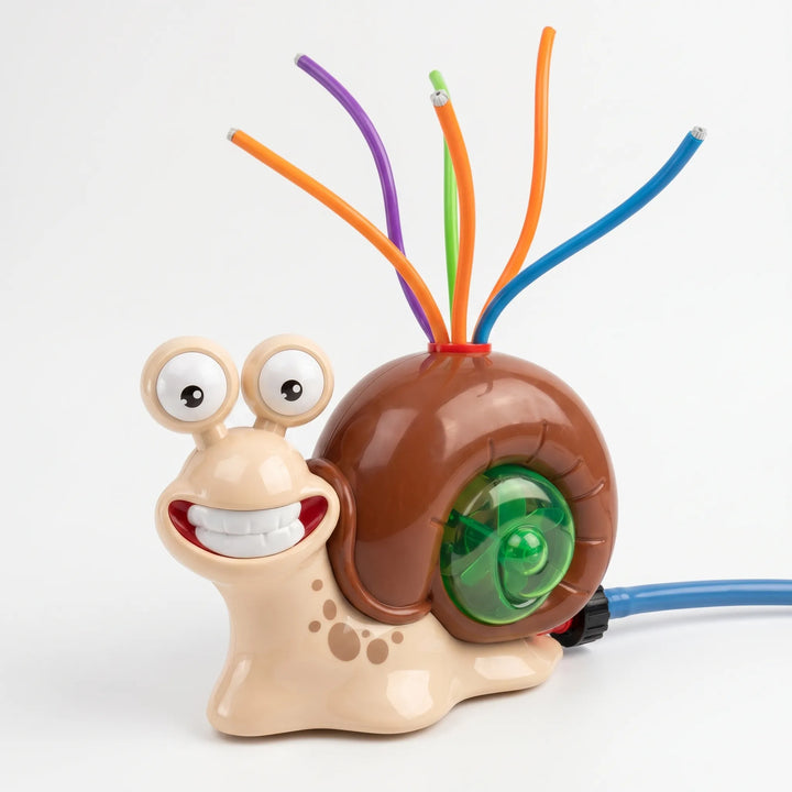 Snail water sprinkler & batting game for children's active summer yard fun.
