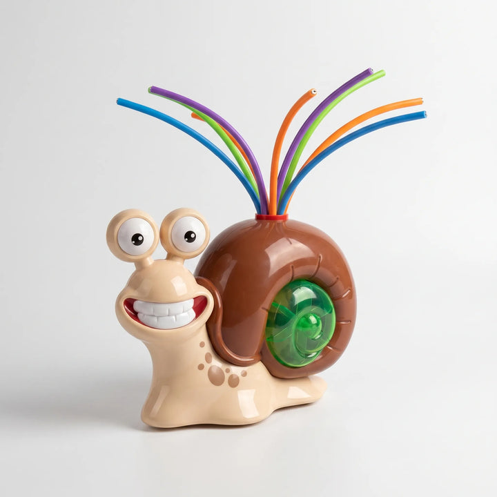 Vibrant snail water sprinkler and batting game for garden water fun.