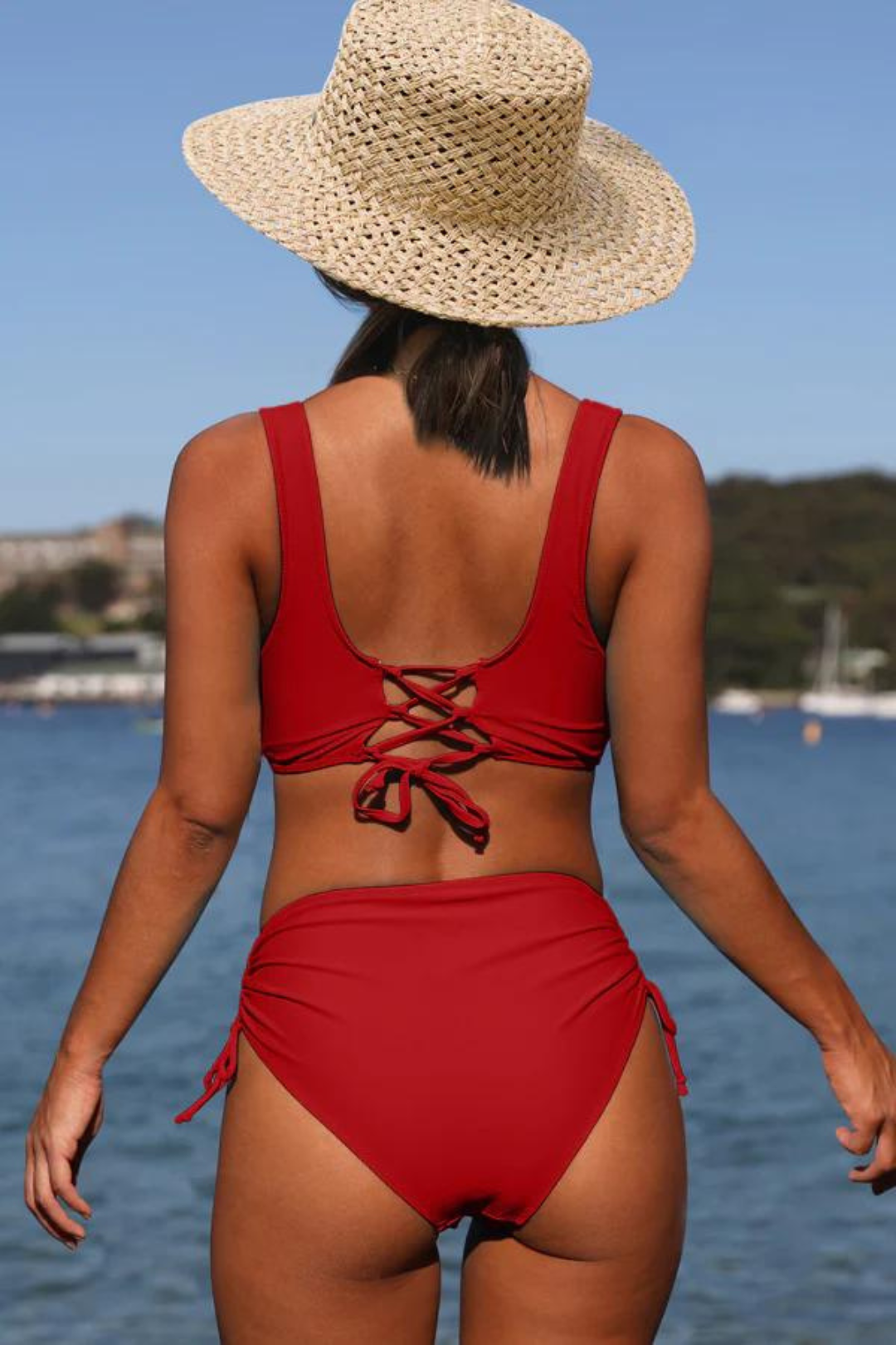 Women's colorful twist front bikini top & drawstring bottom, stylish beachwear.