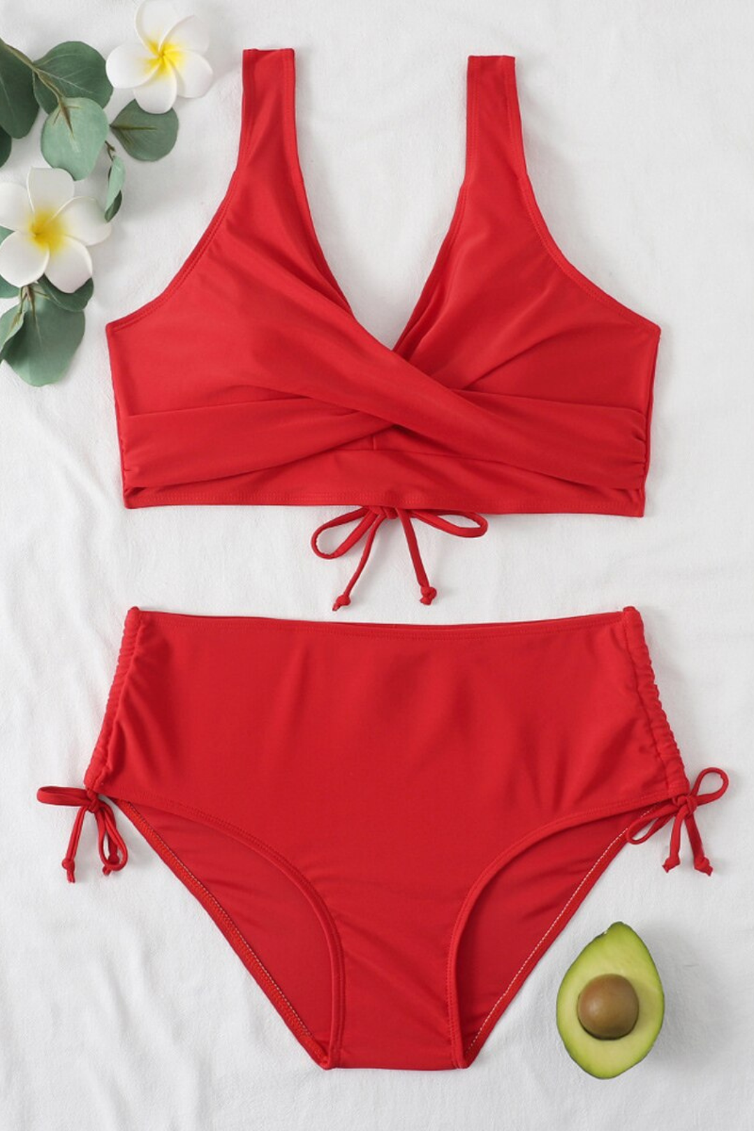 Bright women's swimwear set with twist front top & adjustable drawstring bikini bottoms.