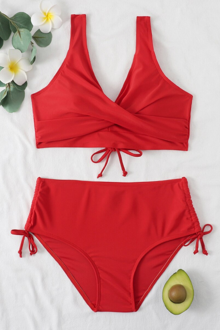 Bright women's swimwear set with twist front top & adjustable drawstring bikini bottoms.