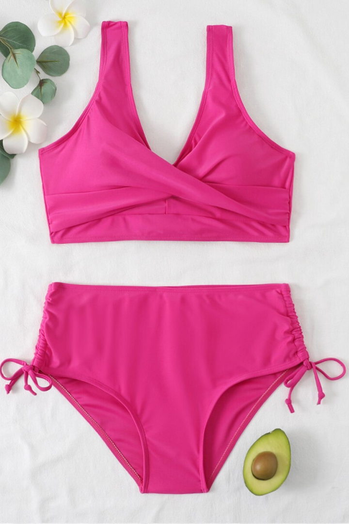 Eye-catching women's colorful bikini set featuring a stylish twist front & drawstring.