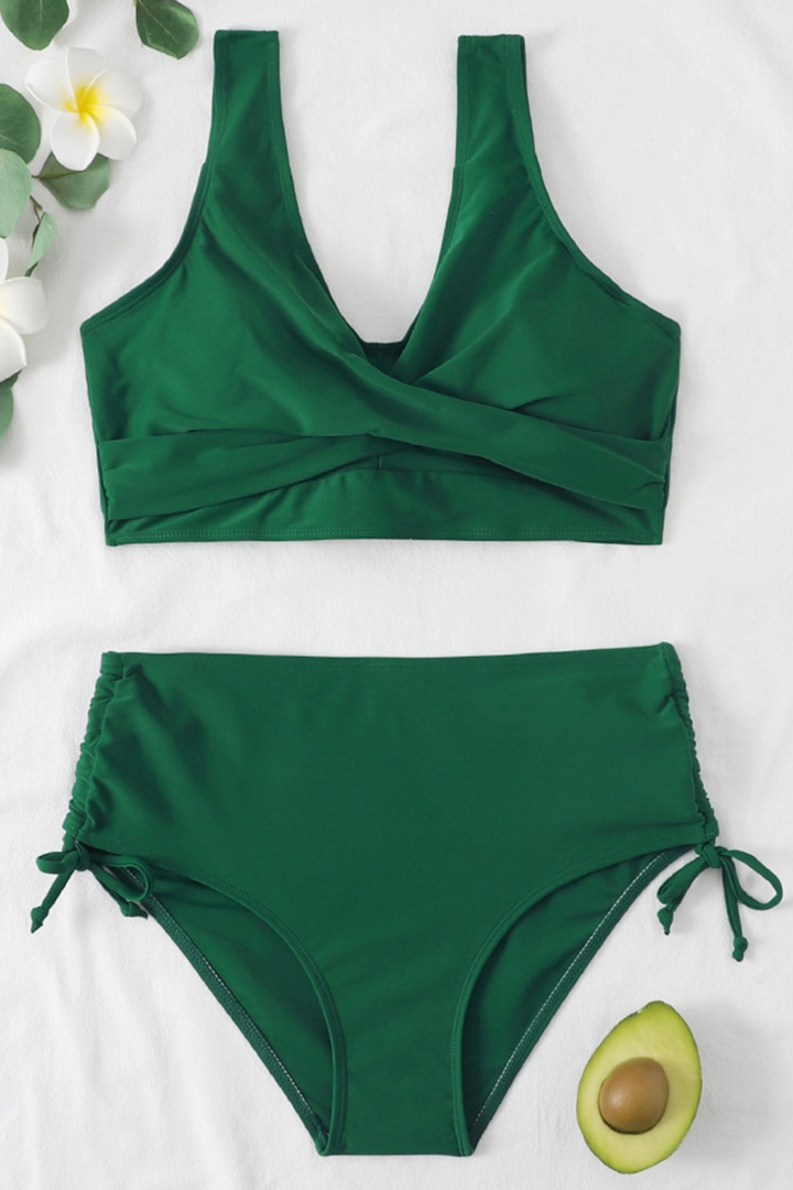 Chic women's colorful bikini set: twist-front top & drawstring bottoms, versatile beachwear.