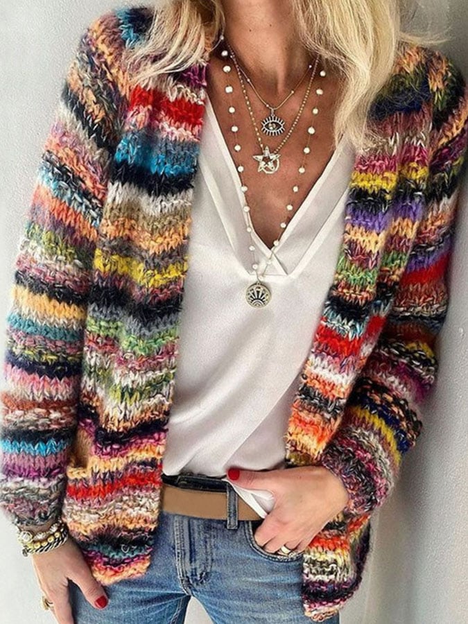 Colorful women's knitted patchwork open front cardigan. Vibrant spring fashion outerwear for casual boho style.