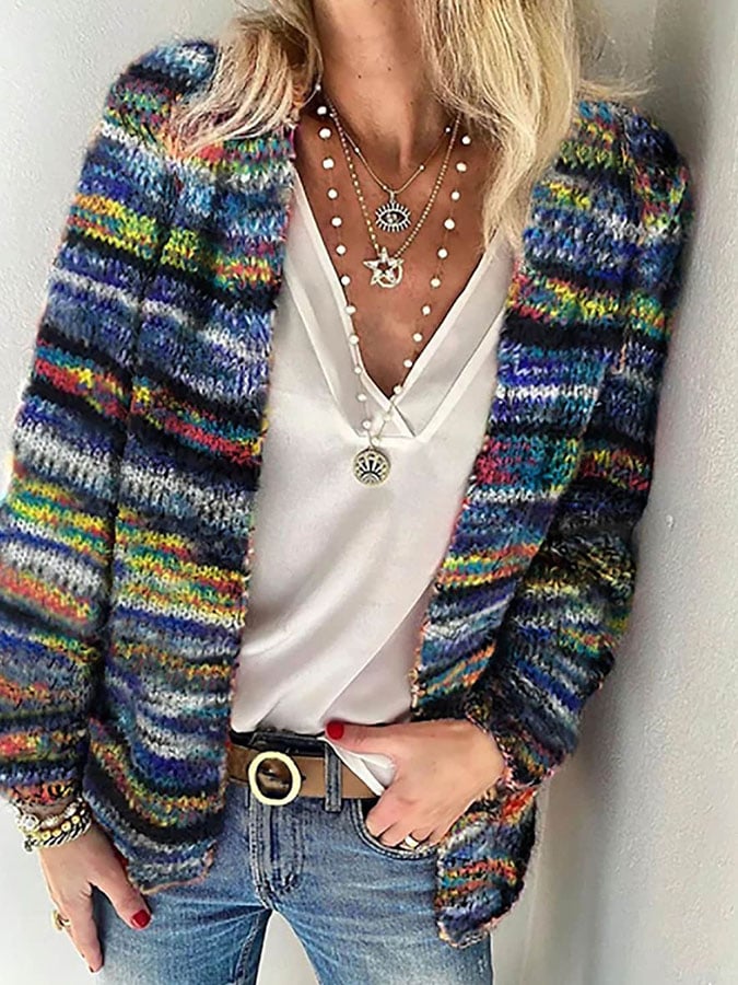 Stylish women's vibrant patchwork open front cardigan. Knit outerwear for ladies, perfect for spring casual wear.