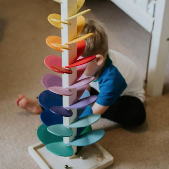 Handcrafted wooden rainbow marble sound tree, an educational gravity toy for children's interactive play & cognitive growth.