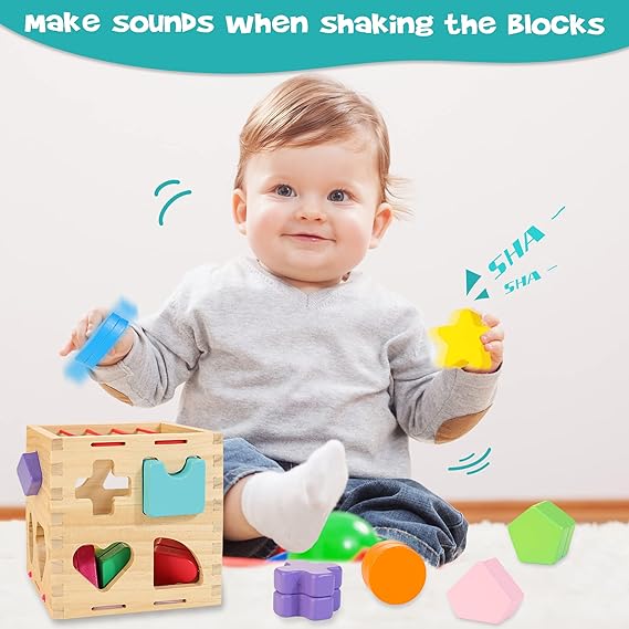Educational wooden shape sorter cube, perfect gift for toddlers. Fun way to learn shapes, colors & improve motor skills.