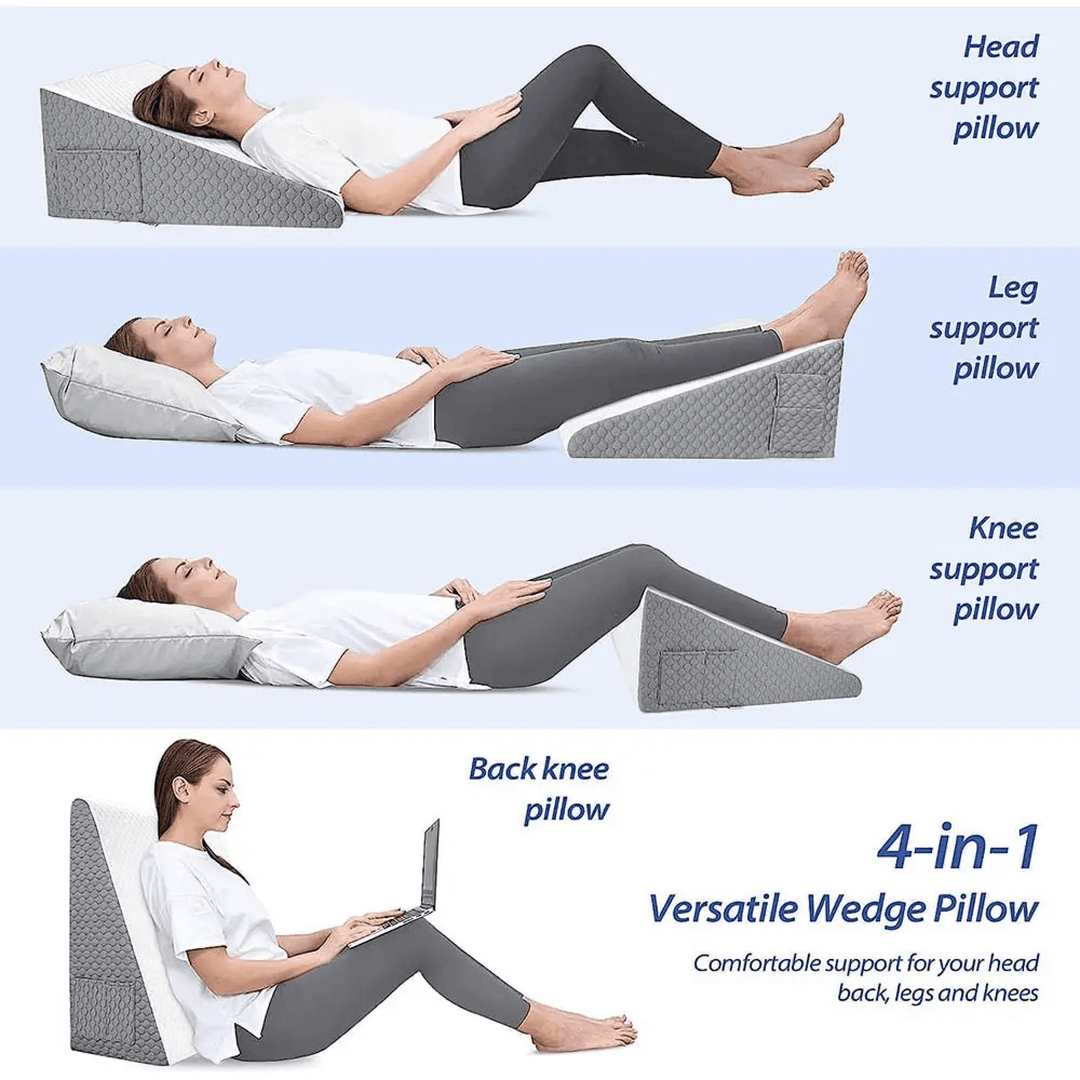 Ergonomic wedge pillow offering back support, leg elevation, and comfort for various sleep positions.