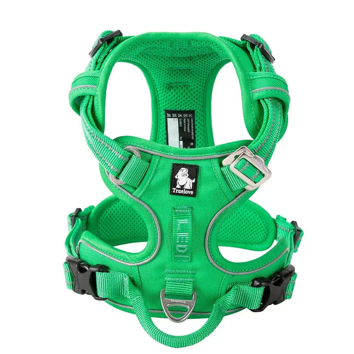 Red durable dog harness with soft padding, ideal for outdoor adventures